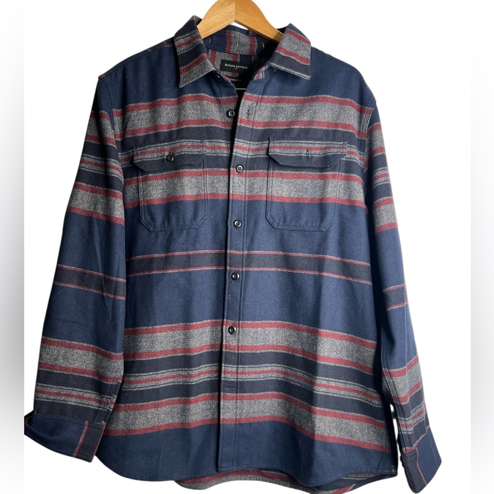 Banana Republic Men’s Red & Blue Striped Melton Flannel Shirt – Standard Fit